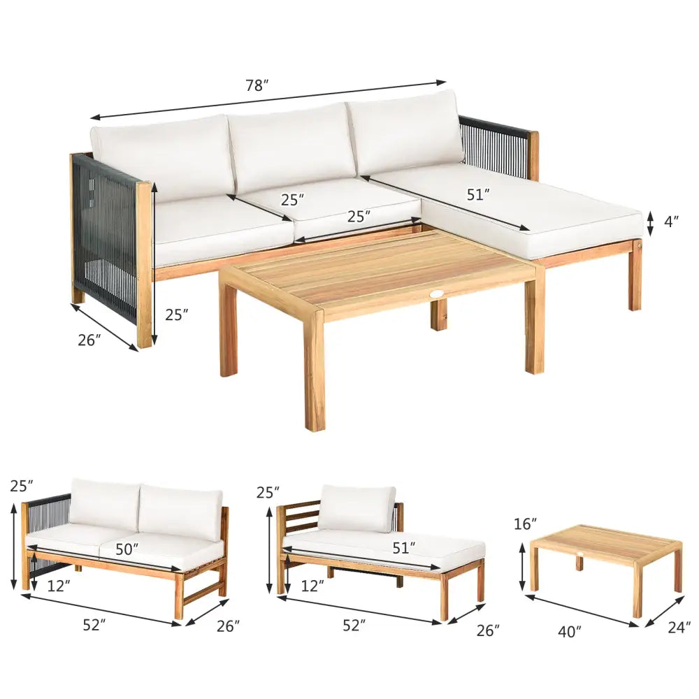 3 Pieces Patio Acacia Wood Sofa Furniture Set with Nylon Rope Armrest-White - White - Outdoor Sectionals