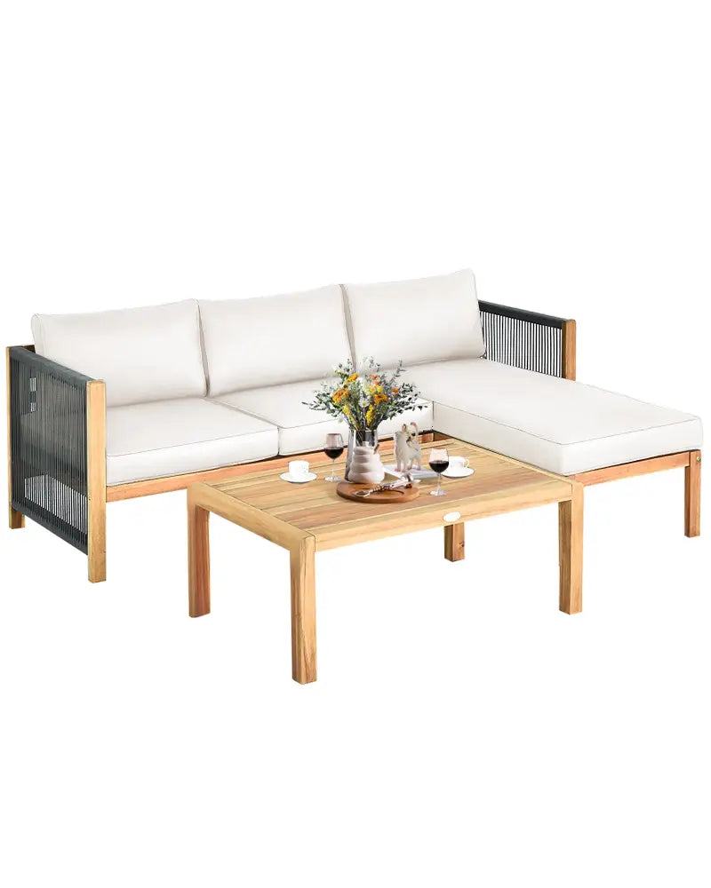 3 Pieces Patio Acacia Wood Sofa Furniture Set with Nylon Rope Armrest-White - White - Outdoor Sectionals