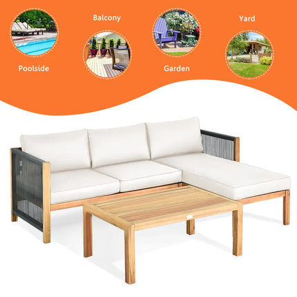 3 Pieces Patio Acacia Wood Sofa Furniture Set with Nylon Rope Armrest-White - White - Outdoor Sectionals