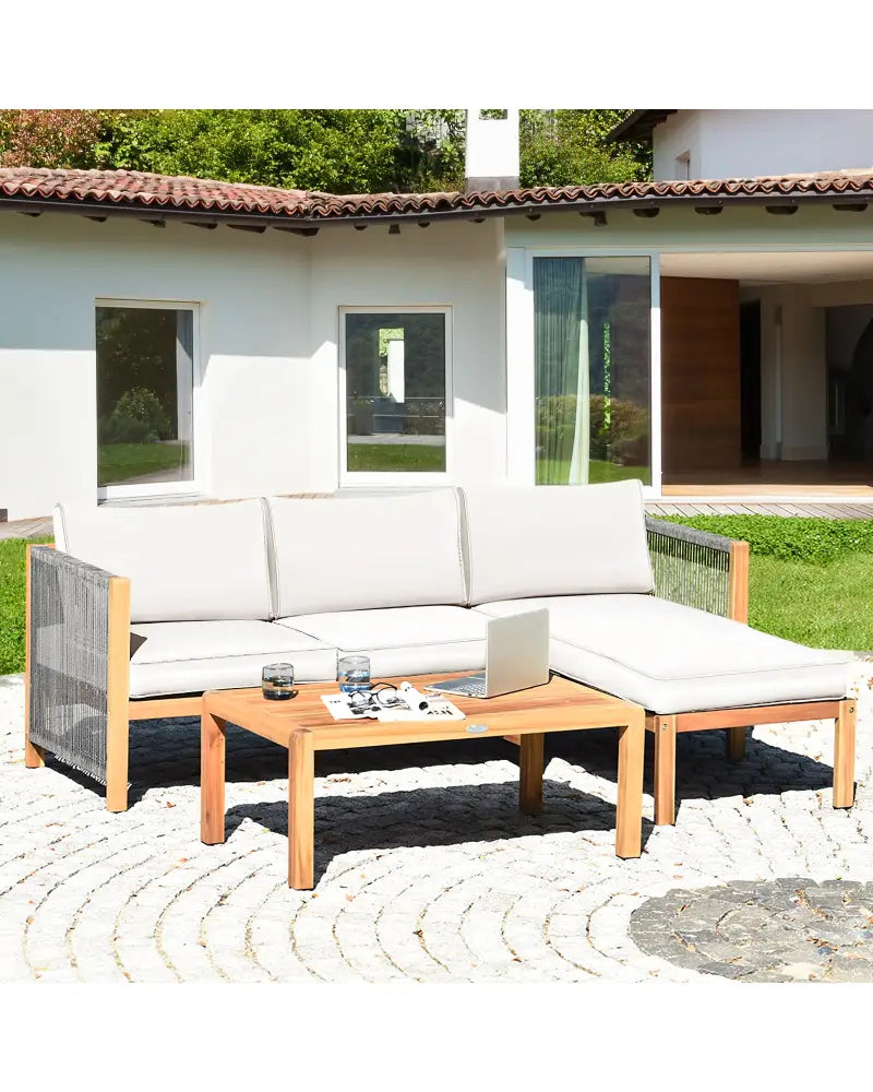3 Pieces Patio Acacia Wood Sofa Furniture Set with Nylon Rope Armrest-White - White - Outdoor Sectionals