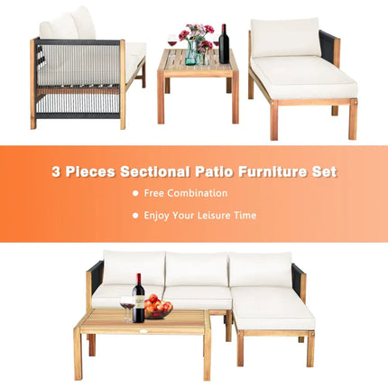 3 Pieces Patio Acacia Wood Sofa Furniture Set with Nylon Rope Armrest-White - White - Outdoor Sectionals
