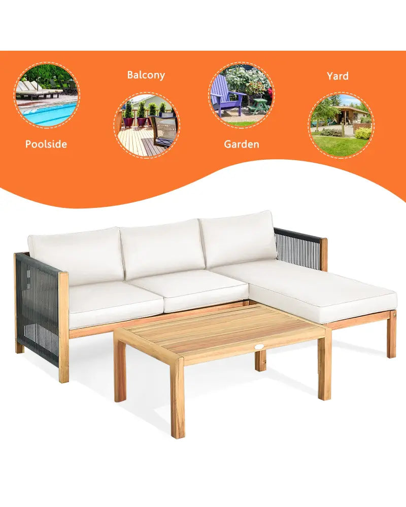 3 Pieces Patio Acacia Wood Sofa Furniture Set with Nylon Rope Armrest-White - White - Outdoor Sectionals