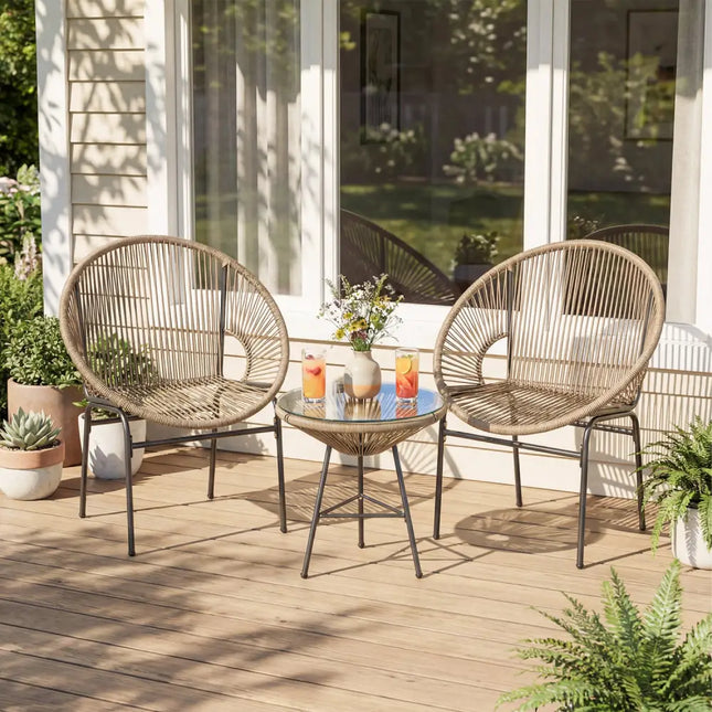3 Pieces Patio Acapulco Furniture Bistro Set with Glass Table-Brown - Brown - Patio Conversation Sets