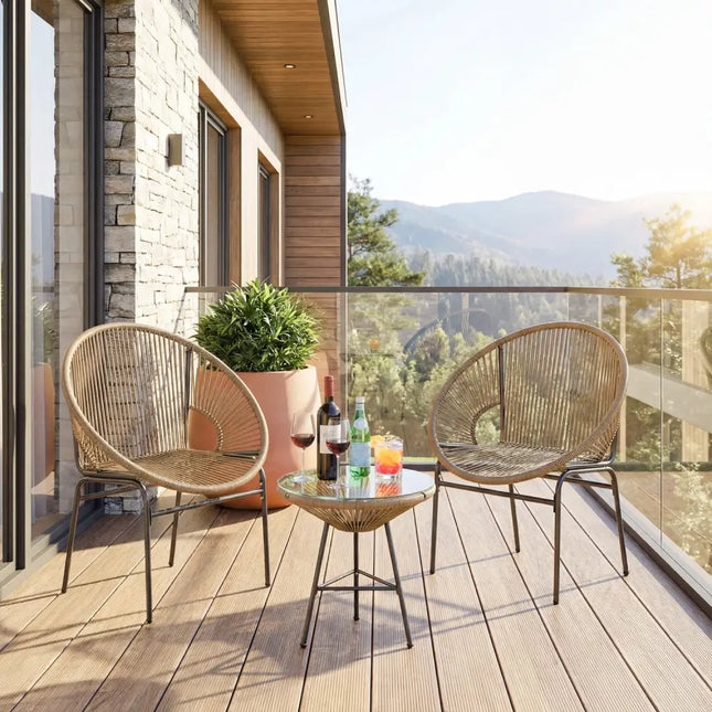 3 Pieces Patio Acapulco Furniture Bistro Set with Glass Table-Brown - Brown - Patio Conversation Sets