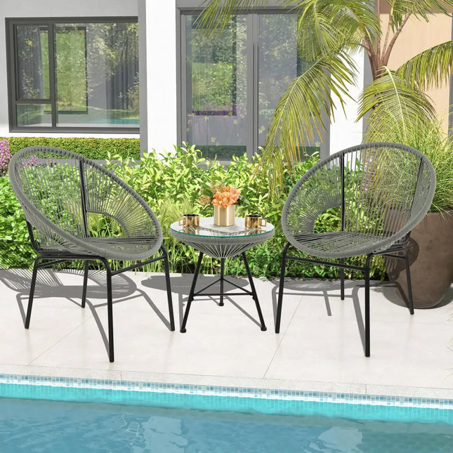 3 Pieces Patio Acapulco Furniture Bistro Set with Glass Table-Gray - Gray - Patio Conversation Sets