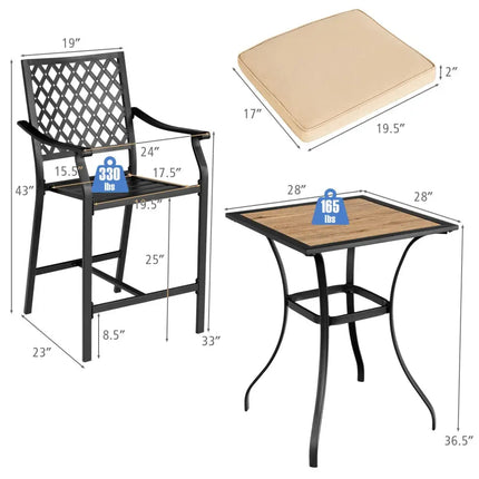 3 Pieces Patio Bar Set with 2 Bar Stools and 1 Square Table - Beige - Patio Dining Sets