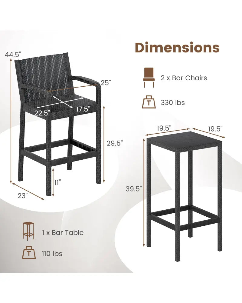 3 Pieces Patio Bar Set with 2 Stools and 1 Bar Table-Black - Black - Patio Bar Furniture