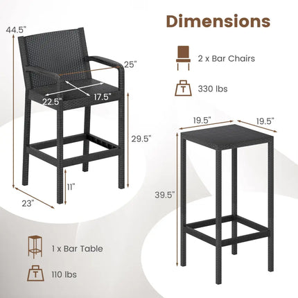 3 Pieces Patio Bar Set with 2 Stools and 1 Bar Table-Black - Black - Patio Bar Furniture