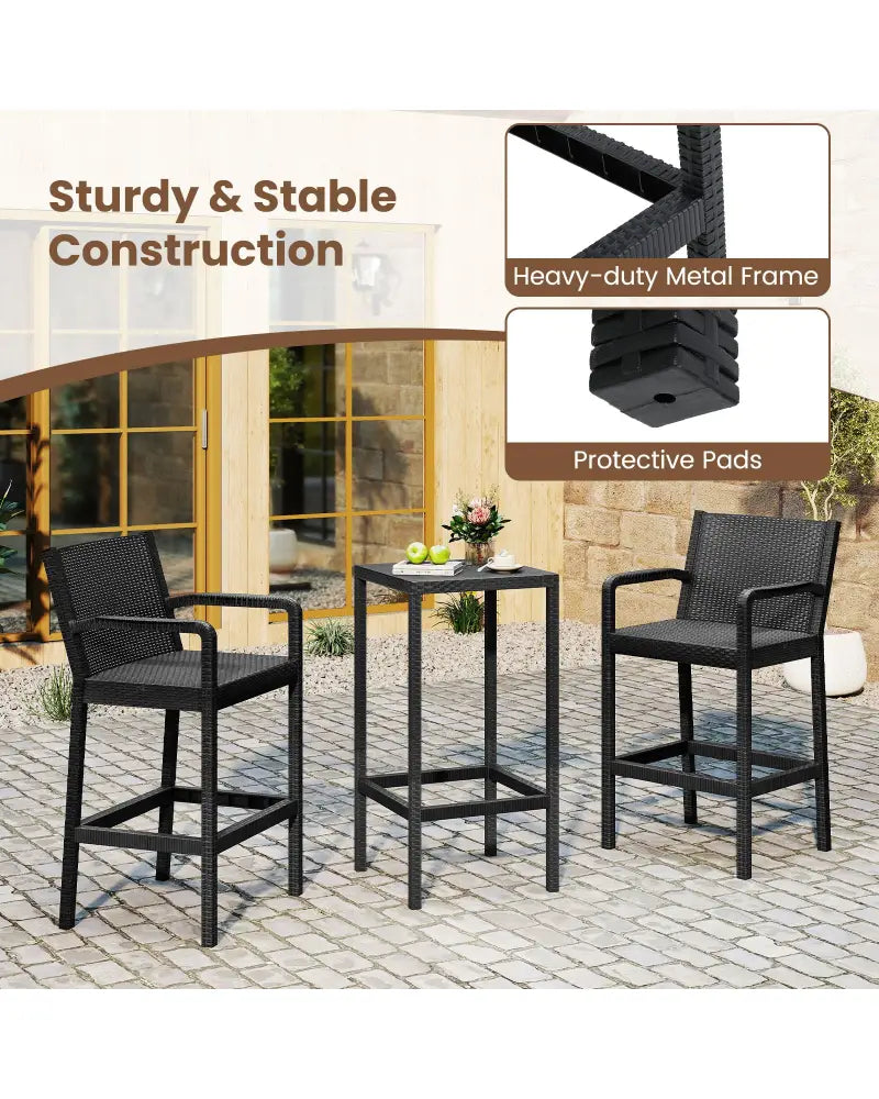 3 Pieces Patio Bar Set with 2 Stools and 1 Bar Table-Black - Black - Patio Bar Furniture