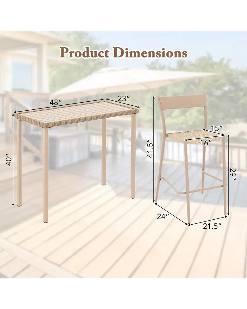 3 Pieces Patio Bar Table Set with Height Table and 2 Armless Chairs - Brown - Patio Bar Furniture