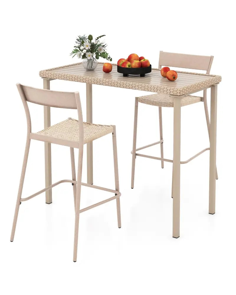3 Pieces Patio Bar Table Set with Height Table and 2 Armless Chairs - Brown - Patio Bar Furniture