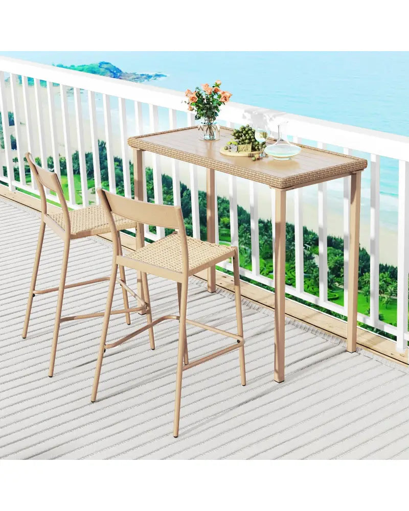 3 Pieces Patio Bar Table Set with Height Table and 2 Armless Chairs - Brown - Patio Bar Furniture