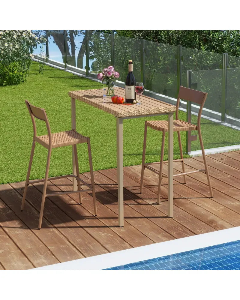 3 Pieces Patio Bar Table Set with Height Table and 2 Armless Chairs - Brown - Patio Bar Furniture