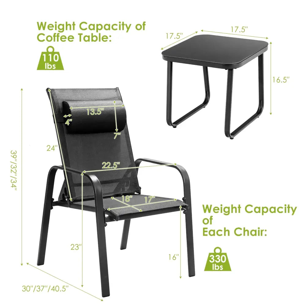 3 Pieces Patio Bistro Furniture Set with Adjustable Backrest-Black - Black - Patio Conversation Sets