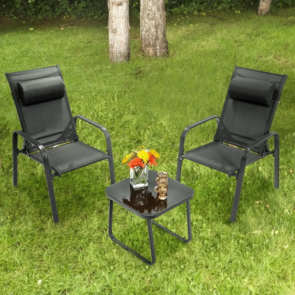 3 Pieces Patio Bistro Furniture Set with Adjustable Backrest-Black - Black - Patio Conversation Sets