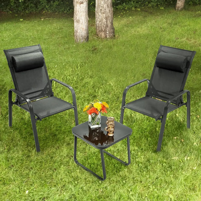 3 Pieces Patio Bistro Furniture Set with Adjustable Backrest-Black - Black - Patio Conversation Sets