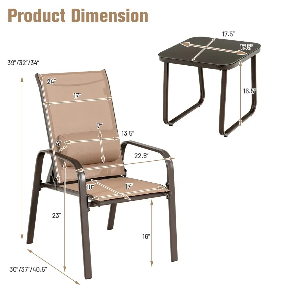 3 Pieces Patio Bistro Furniture Set with Adjustable Backrest-Coffee - Brown - Patio Conversation Sets
