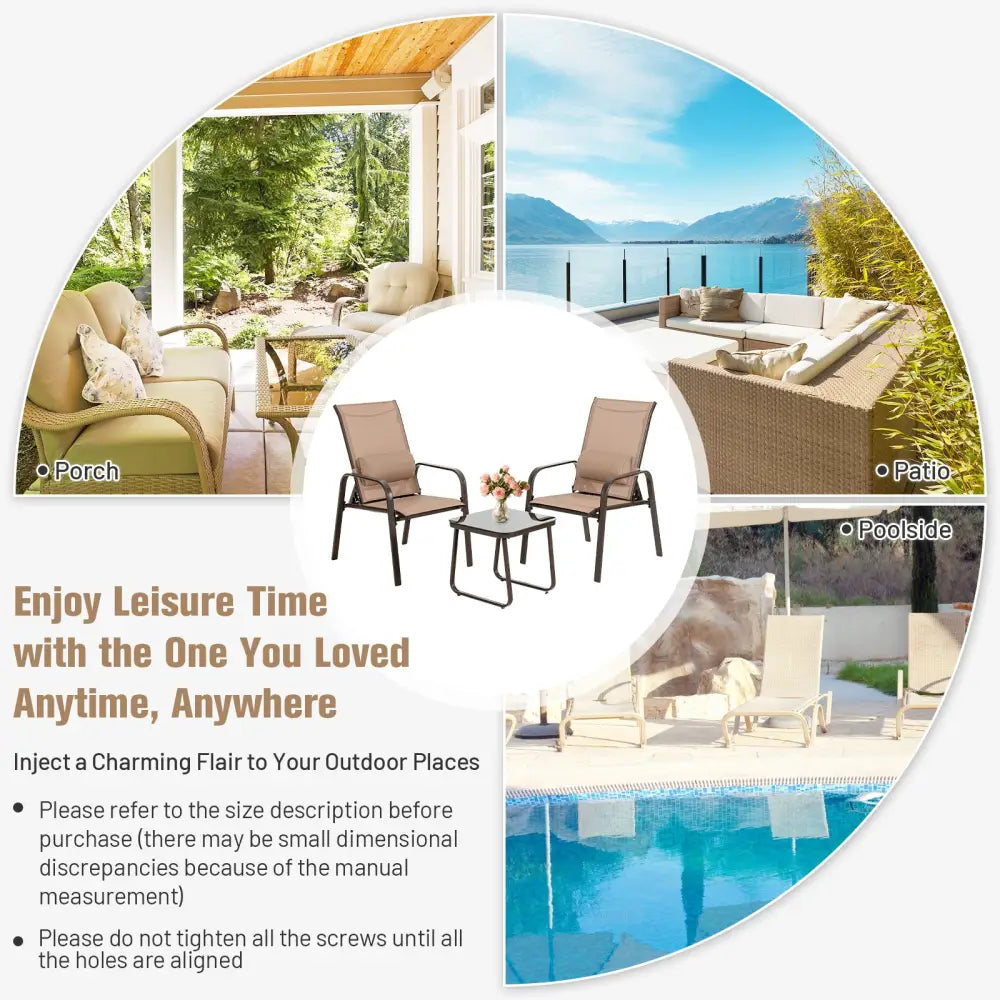 3 Pieces Patio Bistro Furniture Set with Adjustable Backrest-Coffee - Brown - Patio Conversation Sets