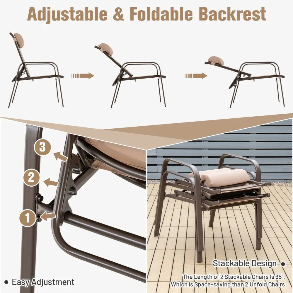 3 Pieces Patio Bistro Furniture Set with Adjustable Backrest-Coffee - Brown - Patio Conversation Sets