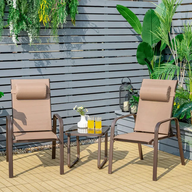 3 Pieces Patio Bistro Furniture Set with Adjustable Backrest-Coffee - Brown - Patio Conversation Sets