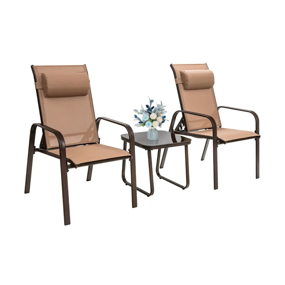 3 Pieces Patio Bistro Furniture Set with Adjustable Backrest-Coffee - Brown - Patio Conversation Sets