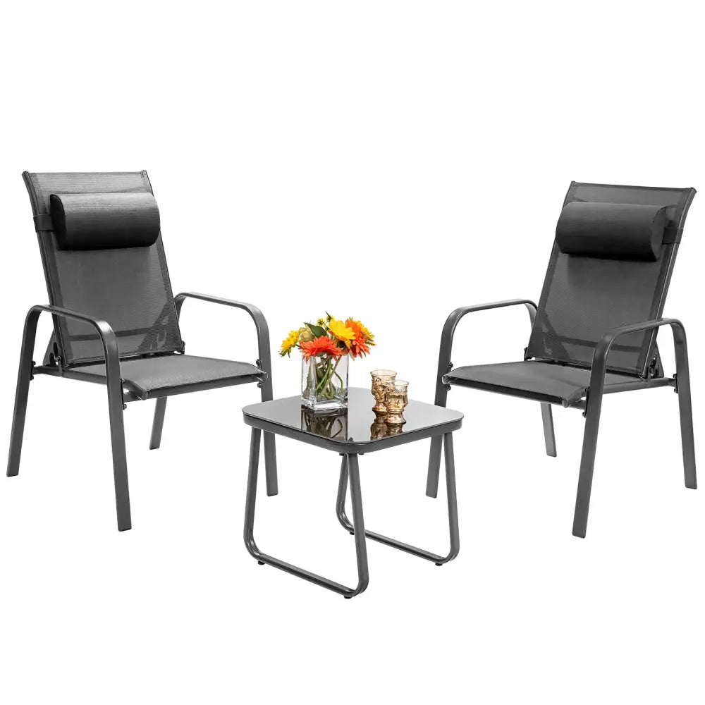 3 Pieces Patio Bistro Furniture Set with Adjustable Backrest-Gray - Gray - Patio Conversation Sets
