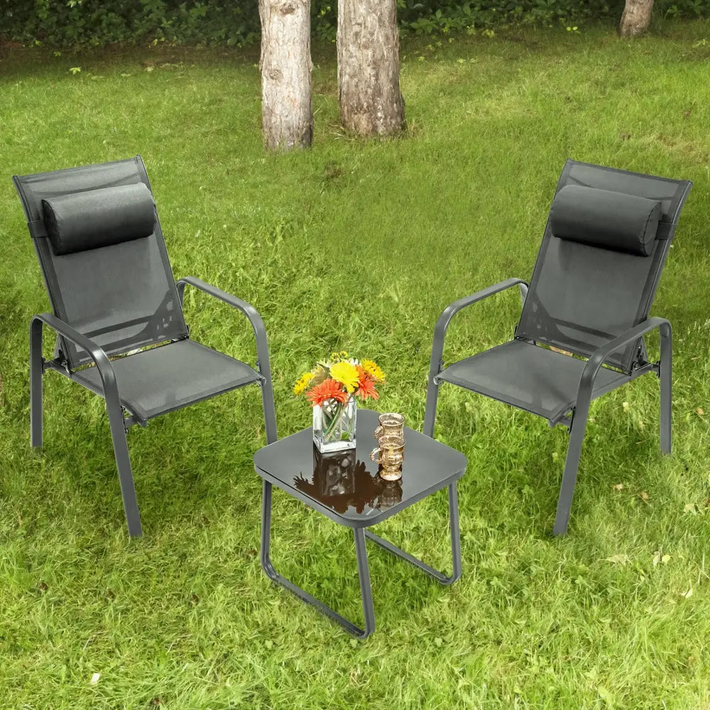 3 Pieces Patio Bistro Furniture Set with Adjustable Backrest-Gray - Gray - Patio Conversation Sets