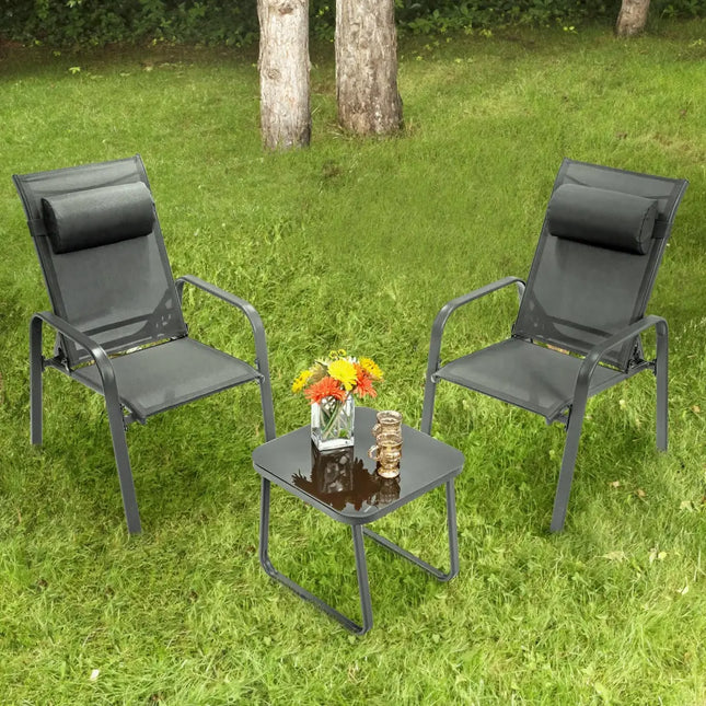 3 Pieces Patio Bistro Furniture Set with Adjustable Backrest-Gray - Gray - Patio Conversation Sets