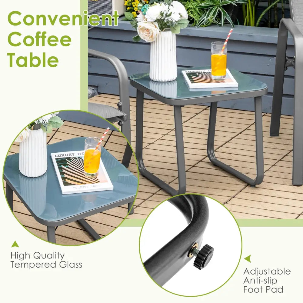 3 Pieces Patio Bistro Furniture Set with Adjustable Backrest-Gray - Gray - Patio Conversation Sets