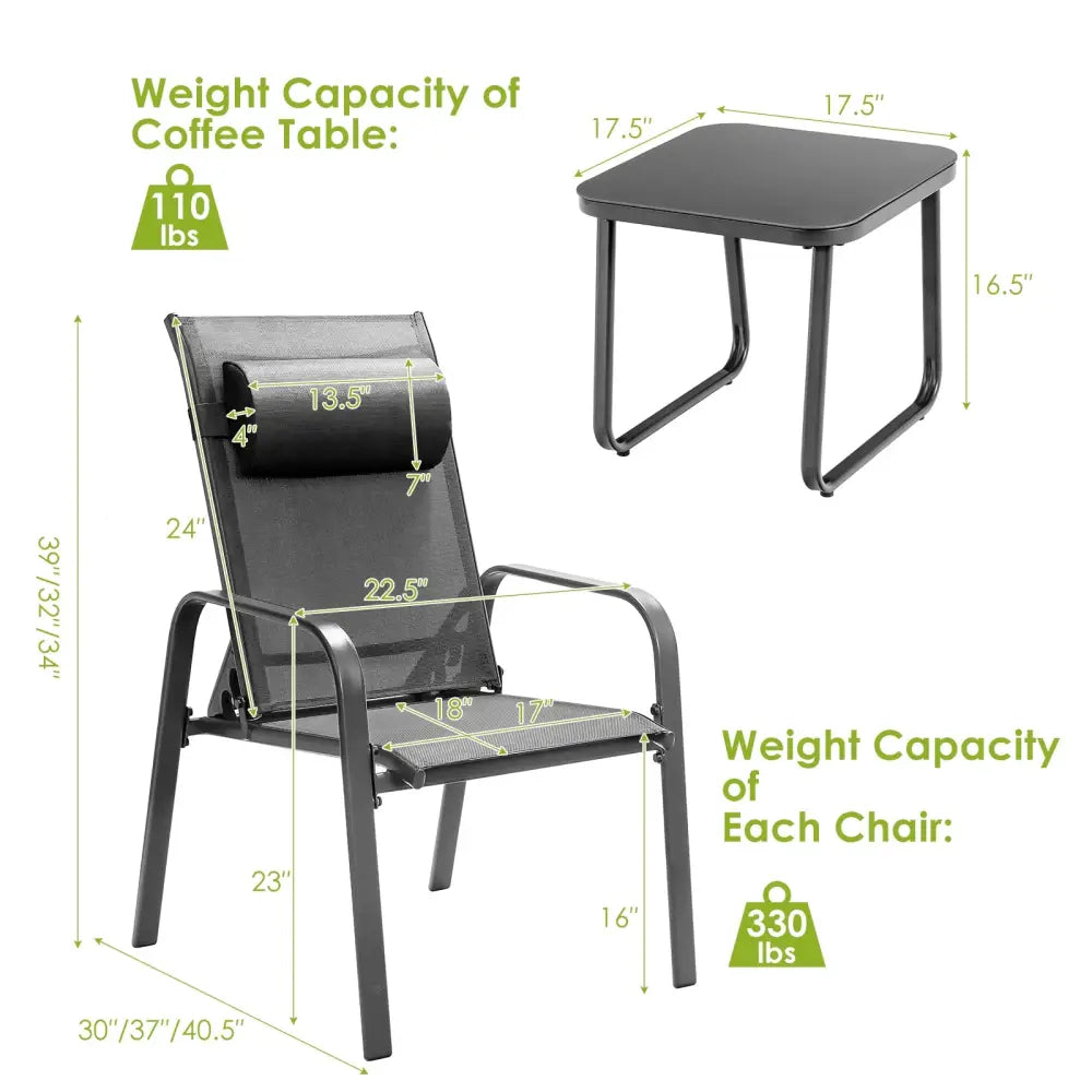 3 Pieces Patio Bistro Furniture Set with Adjustable Backrest-Gray - Gray - Patio Conversation Sets