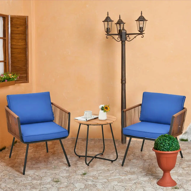 3 Pieces Patio Bistro Furniture Set with Armrest and Soft Cushions - Blue - Patio Conversation Sets