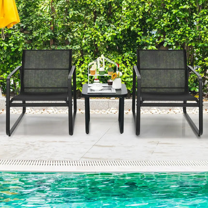 3 Pieces Patio Bistro Furniture Set with Glass Top Table Garden Deck-Black - Black - Patio Conversation Sets