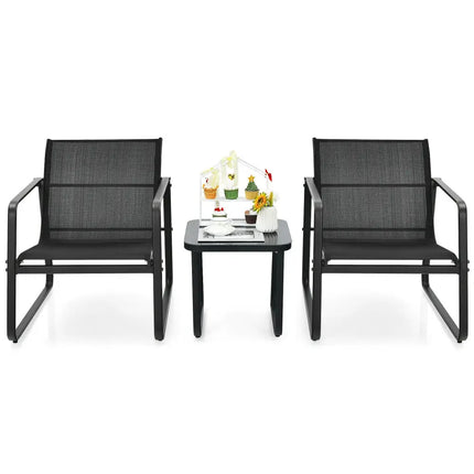 3 Pieces Patio Bistro Furniture Set with Glass Top Table Garden Deck-Black - Black - Patio Conversation Sets