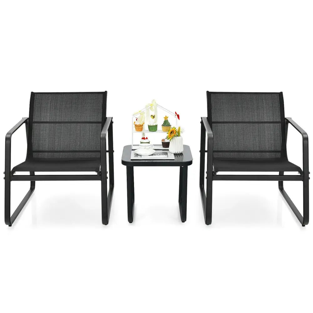 3 Pieces Patio Bistro Furniture Set with Glass Top Table Garden Deck-Black - Black - Patio Conversation Sets