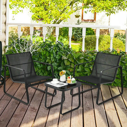3 Pieces Patio Bistro Furniture Set with Glass Top Table Garden Deck-Black - Black - Patio Conversation Sets