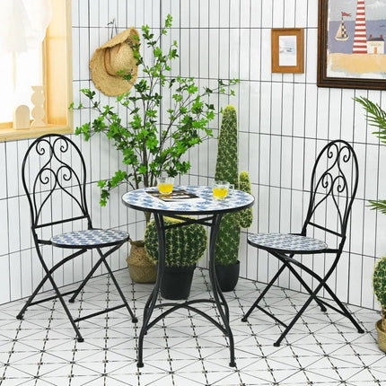3 Pieces Patio Bistro Furniture Set with Mosaic Design - Black - Patio Conversation Sets