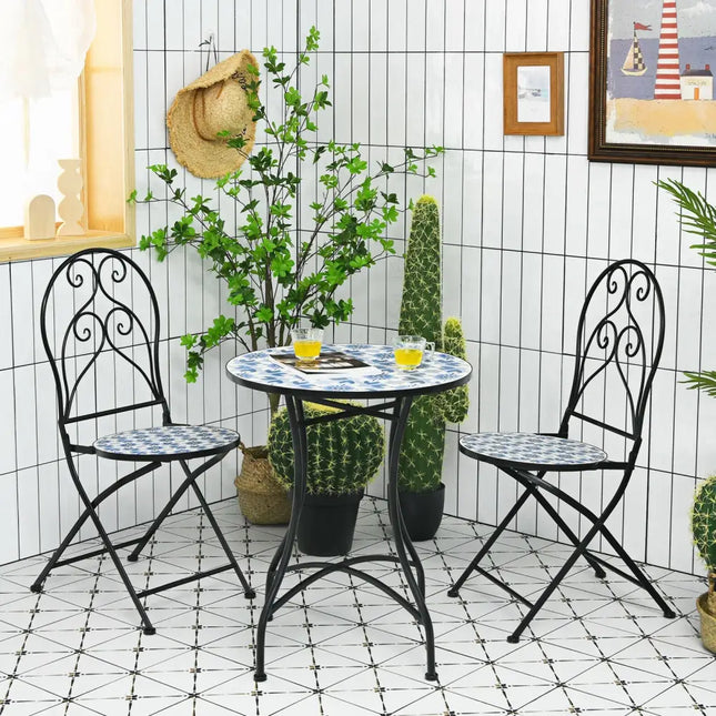 3 Pieces Patio Bistro Furniture Set with Mosaic Design - Black - Patio Conversation Sets