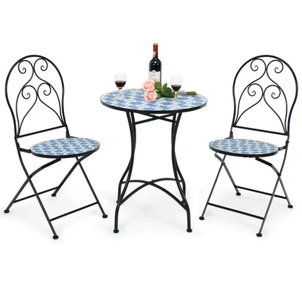 3 Pieces Patio Bistro Furniture Set with Mosaic Design - Black - Patio Conversation Sets