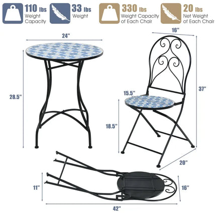 3 Pieces Patio Bistro Furniture Set with Mosaic Design - Black - Patio Conversation Sets
