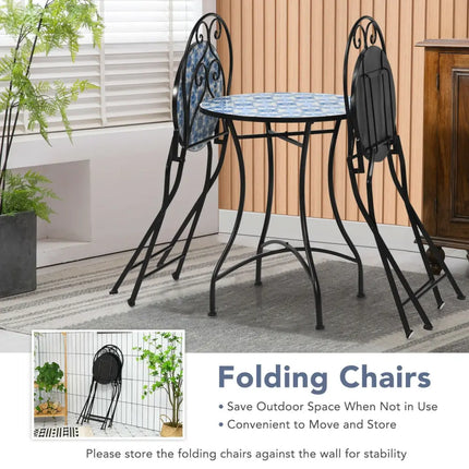 3 Pieces Patio Bistro Furniture Set with Mosaic Design - Black - Patio Conversation Sets
