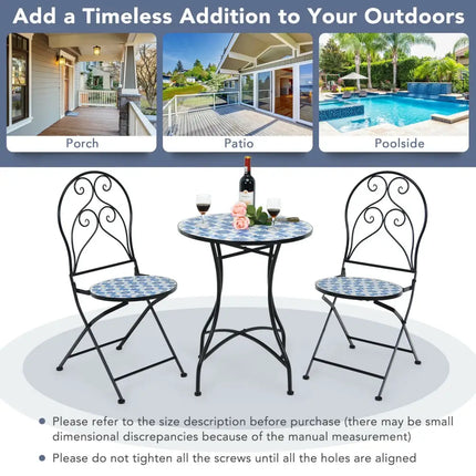 3 Pieces Patio Bistro Furniture Set with Mosaic Design - Black - Patio Conversation Sets