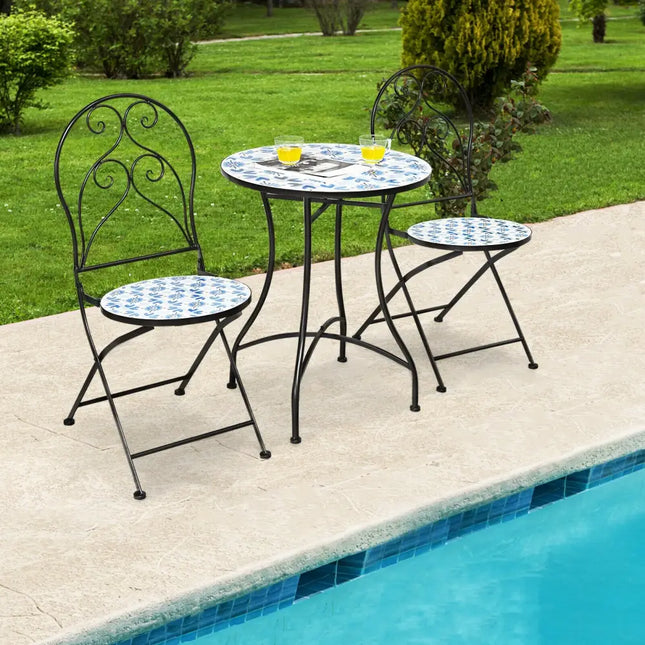 3 Pieces Patio Bistro Furniture Set with Mosaic Design - Black - Patio Conversation Sets