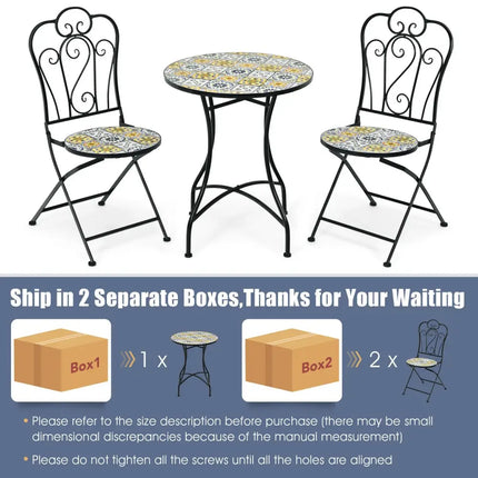 3 Pieces Patio Bistro Mosaic Design Set with Folding Chairs and Round Table - Black - Patio Conversation Sets