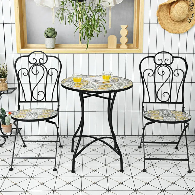 3 Pieces Patio Bistro Mosaic Design Set with Folding Chairs and Round Table - Black - Patio Conversation Sets