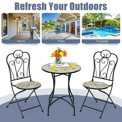 3 Pieces Patio Bistro Mosaic Design Set with Folding Chairs and Round Table - Black - Patio Conversation Sets