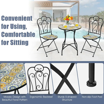 3 Pieces Patio Bistro Mosaic Design Set with Folding Chairs and Round Table - Black - Patio Conversation Sets