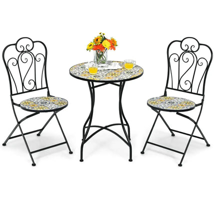 3 Pieces Patio Bistro Mosaic Design Set with Folding Chairs and Round Table - Black - Patio Conversation Sets