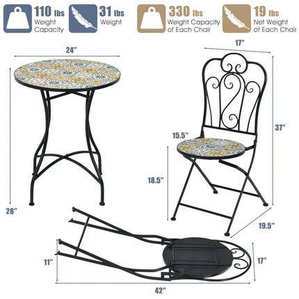 3 Pieces Patio Bistro Mosaic Design Set with Folding Chairs and Round Table - Black - Patio Conversation Sets