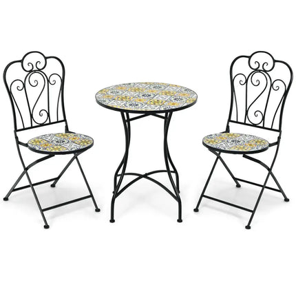 3 Pieces Patio Bistro Mosaic Design Set with Folding Chairs and Round Table - Black - Patio Conversation Sets