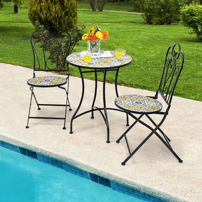 3 Pieces Patio Bistro Mosaic Design Set with Folding Chairs and Round Table - Black - Patio Conversation Sets